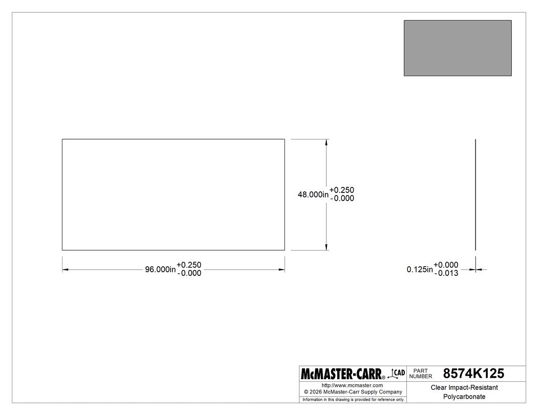 Technical Drawing of Clear Impact-Resistant Polycarbonate, UV-Resistant, 96" x 48" x 1/8".